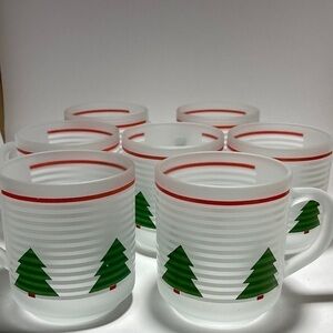 Set of 7 Luminarc Vintage Christmas Frosted Cups Mugs w/ Trees red white green